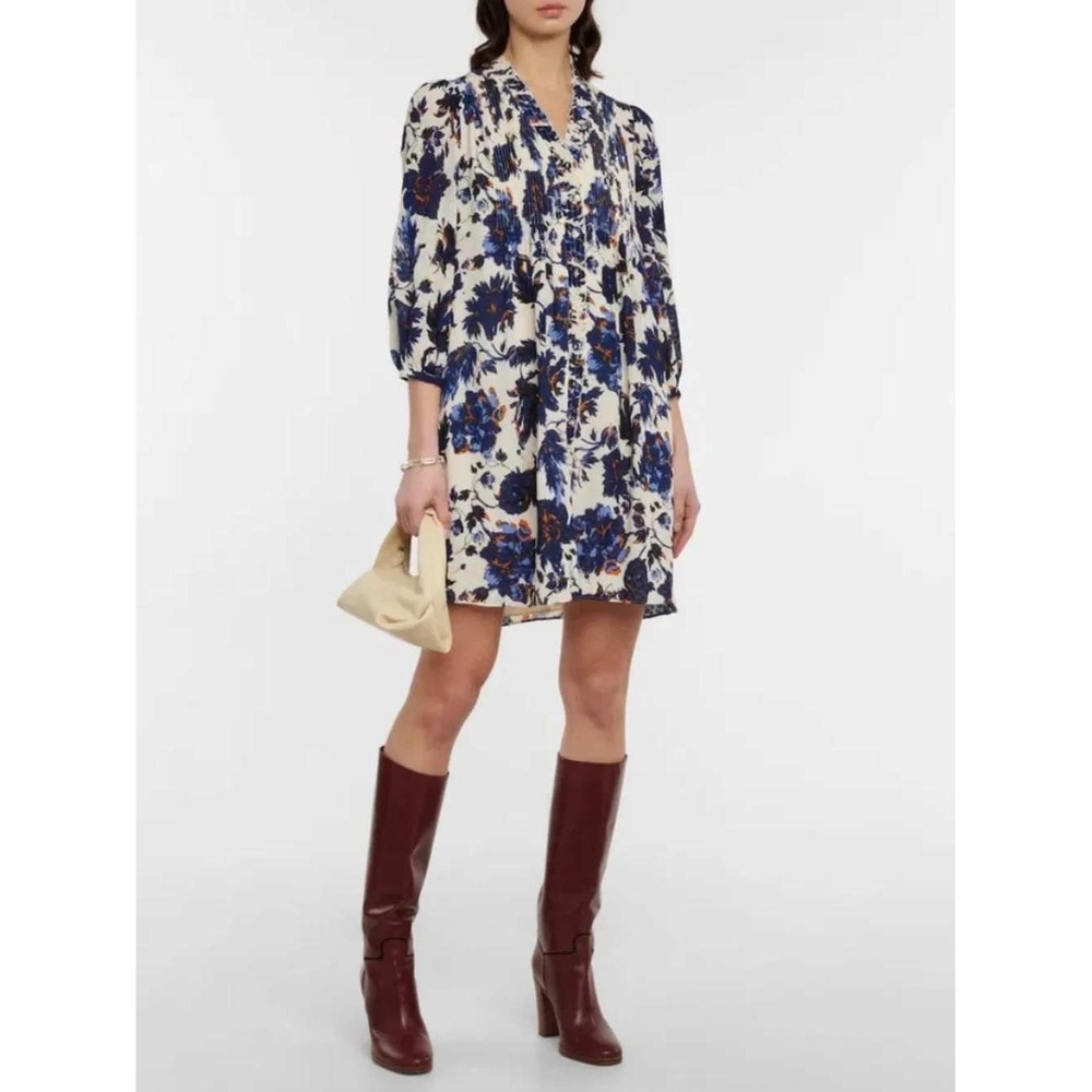 DVF Layla Shirt Dress Sz L Blue & Orange Floral Pintuck Boho Cottage Core
